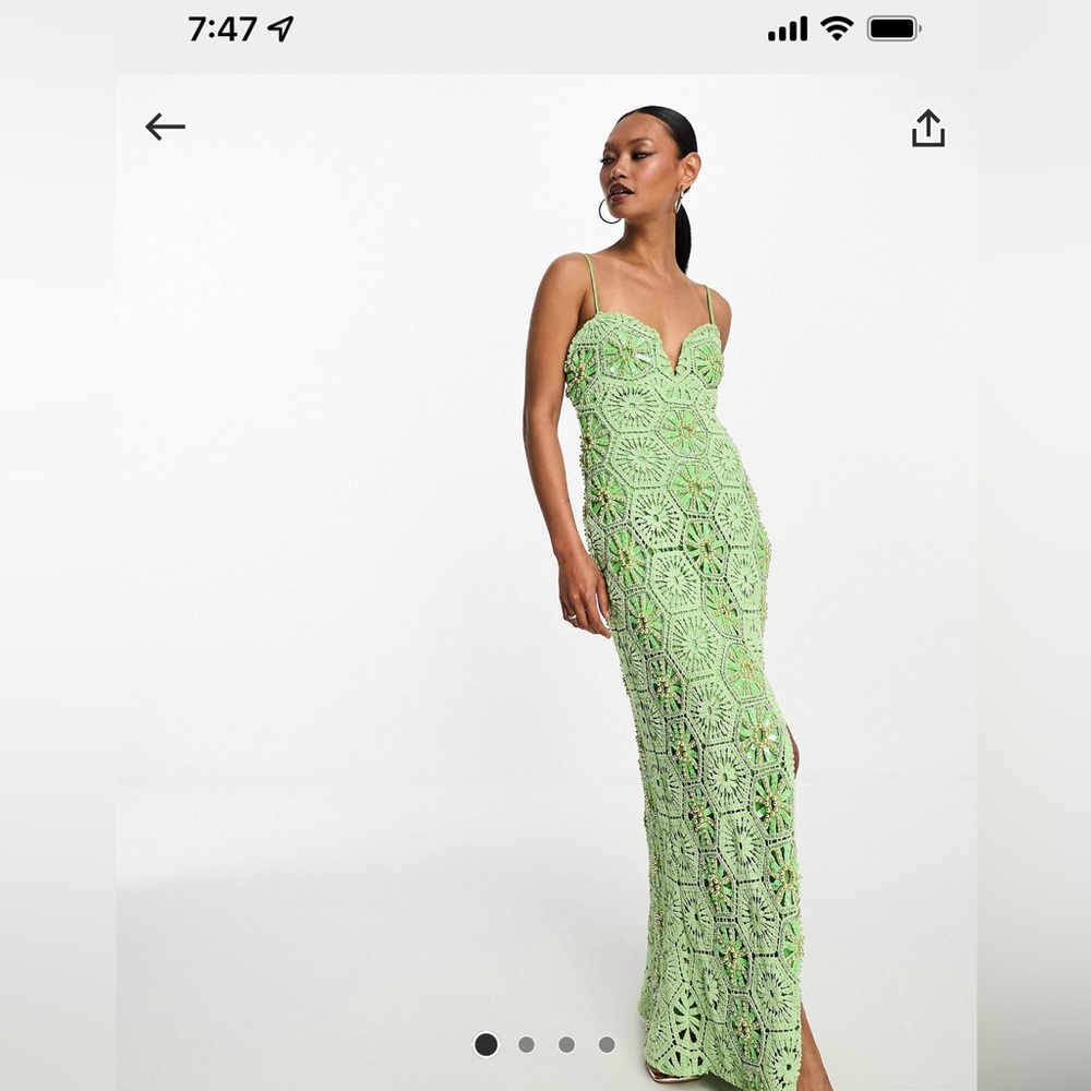 ASOS pearl embellished bright green maxi dress worn side split